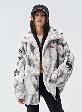 鲨鱼嘴2025新款毛绒棉服外套男女同款连帽保暖高领拼接棉衣情侣潮