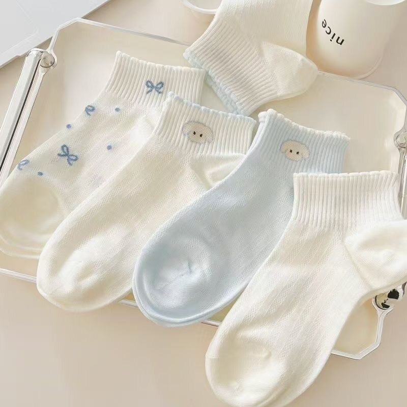 浅蓝蝴蝶结网面袜子女短袜夏季学生薄款透气奶白浅口船袜甜美日系
