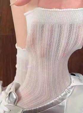 白色泡泡袜子女夏季薄款网眼透气中筒袜女纯色木耳花边春夏月子袜