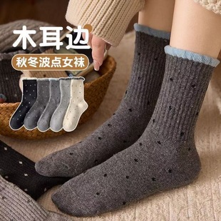 波点花边袜子女新款中筒袜秋冬季款加厚保暖灰色勃肯鞋冬天长筒袜