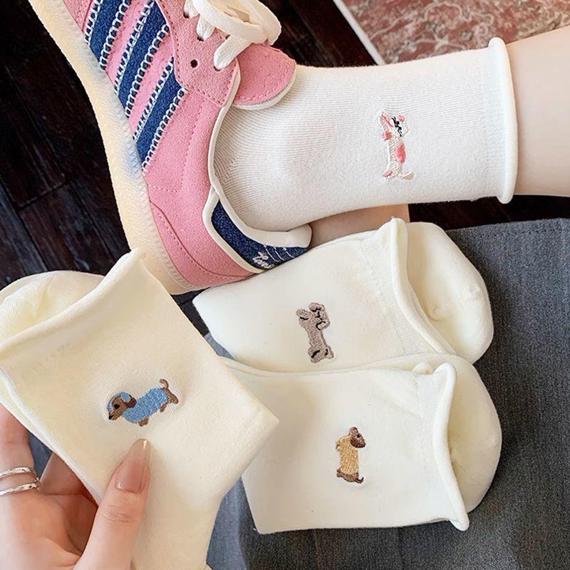 白色卷边袜子女中筒秋冬季ins潮百搭韩版卡通可爱腊肠狗爆款堆堆