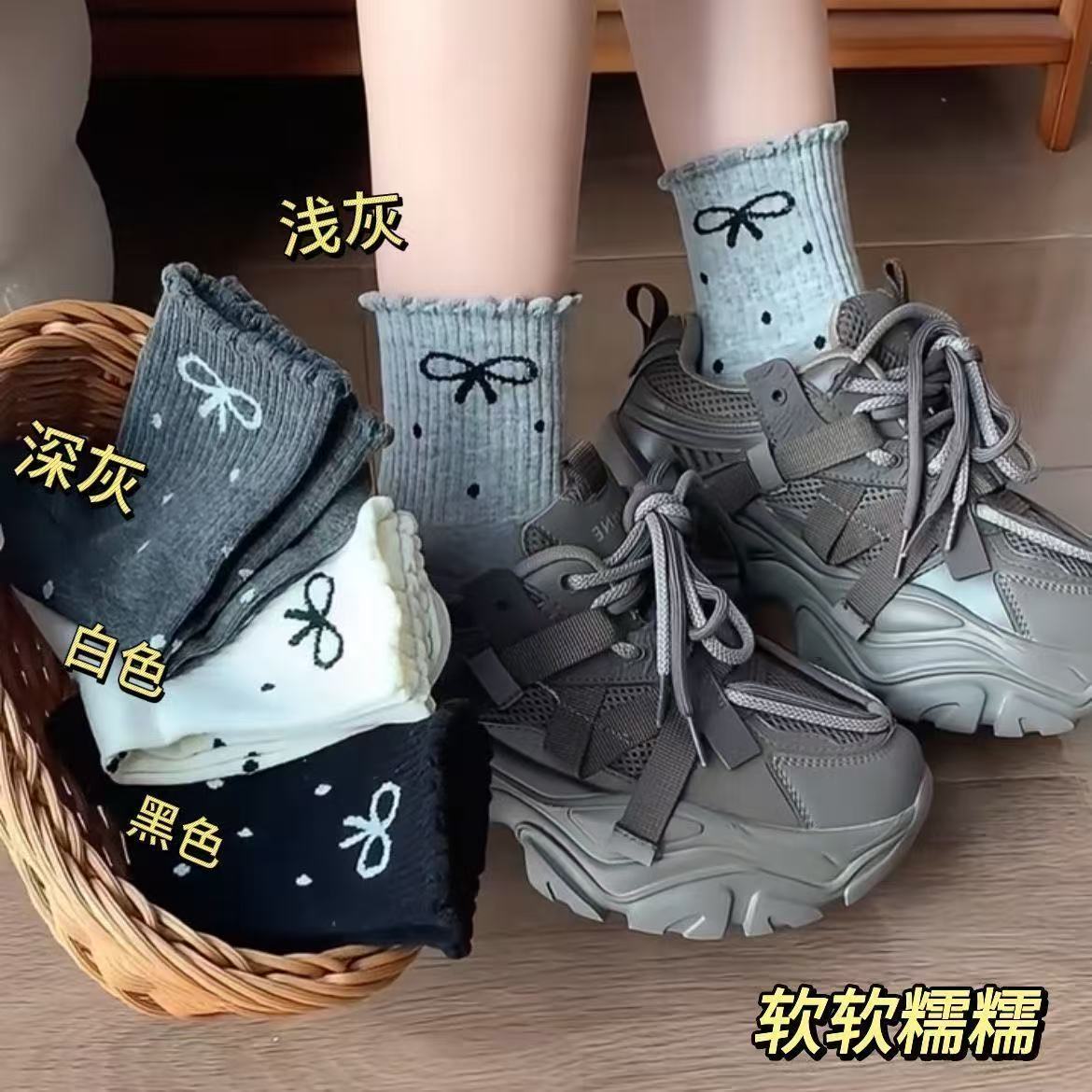 袜子女四季款蝴蝶结波点花边ins潮中筒袜日系网红秋冬超百搭女袜