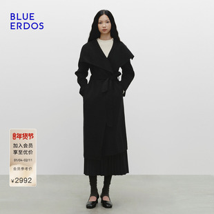 BLUE ERDOS冬季新品摩登质感羊毛羊绒翻领黑色女大衣B256K4701