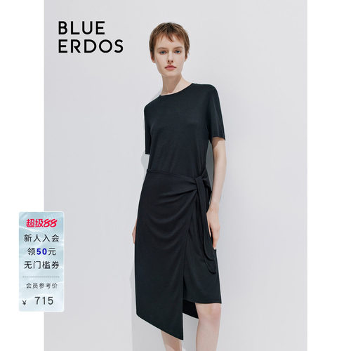 BLUE ERDOS 新款纯色圆领中长款不对称短袖连衣裙B245D7027