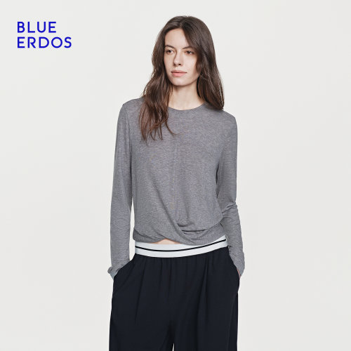 BLUE ERDOS26夏季新品格雷风绵羊毛混纺圆领扭结长袖T恤针织衫女