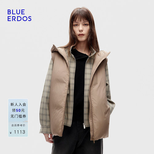 BLUE ERDOS春季新品简约通勤无绗线设计连帽羽绒马甲B256M1023