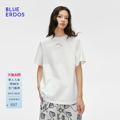 BLUE ERDOS夏季简约宽松正肩简约短袖宽松刺绣圆领T恤B255H1009