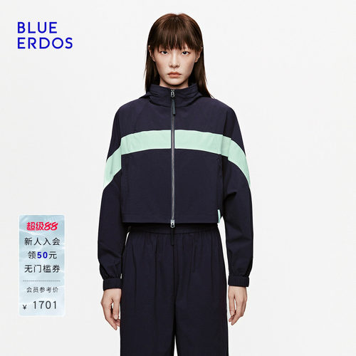 BLUE ERDOS2026秋冬新品连帽短外套休闲运动立领拉链撞色夹克女