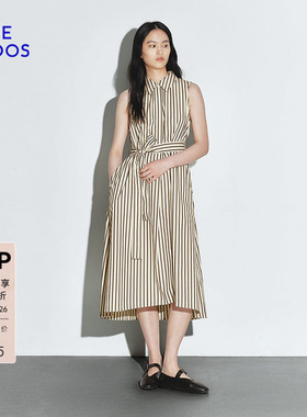 BLUE ERDOS 春季简约通勤米棕条纹无袖翻领衬衫裙连衣裙B245I3036