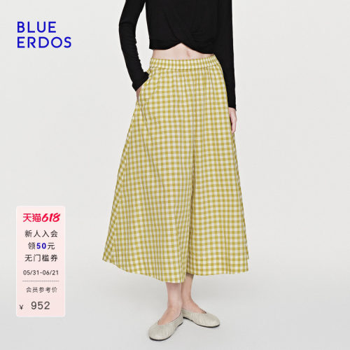 BLUE ERDOS2026夏季新品休闲百搭棉混纺文艺度假风松紧腰格纹裙裤