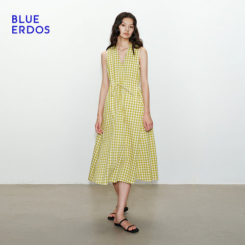 BLUE ERDOS2026夏季新品度假风黄色格纹气质V领无袖连衣裙女