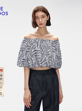 【桑蚕丝】BLUE ERDOS夏复古波点印花一字领上衣B255H5010