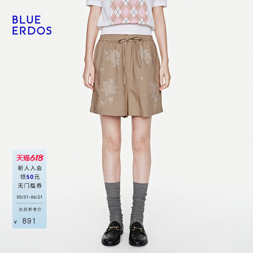 BLUE ERDOS2026夏季新品简约休闲风系带松紧腰花卉刺绣短裤女