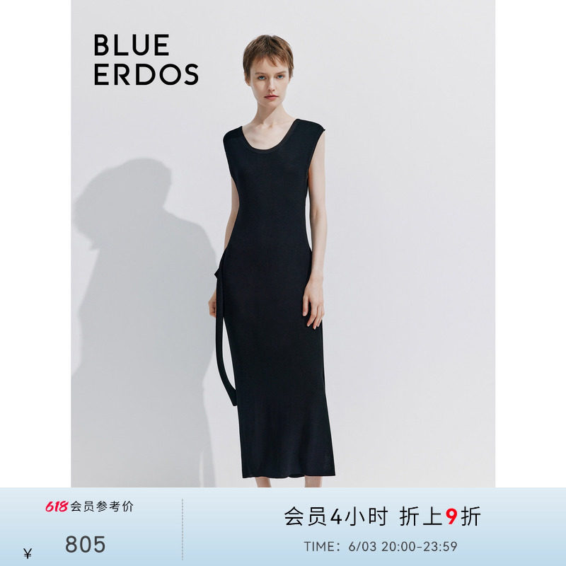 BLUE ERDOS 新款纯色圆领系带侧开叉无袖连衣裙B245D6009