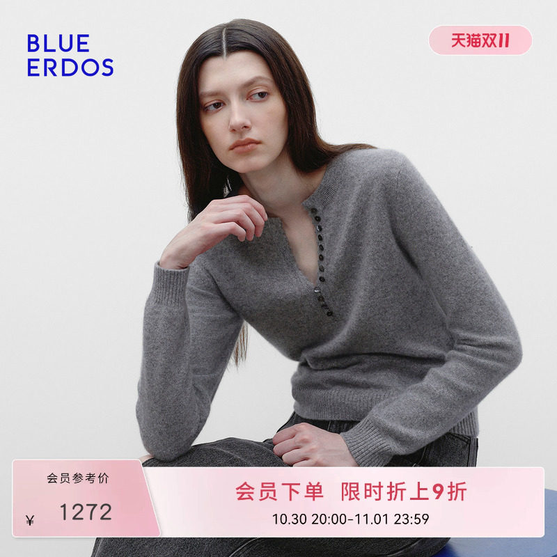 BLUE ERDOS2026秋冬新品简约通勤山羊绒混纺波浪V领长袖针织套衫