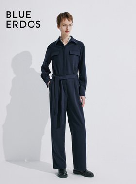 BLUE ERDOS时尚藏青翻领系带工装风连体服女B245AB006