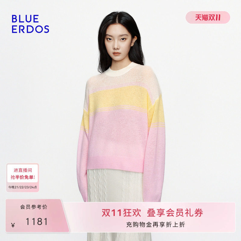 【100%羊绒】BLUE ERDOS2026秋冬新品活力清新落肩拼色针织套衫女