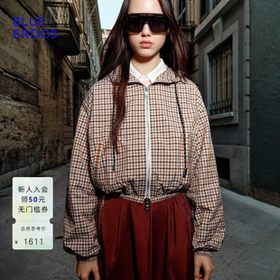 BLUE 休闲百搭抽绳连帽细条纹短外套女B2265J036 ERDOS26早春新品