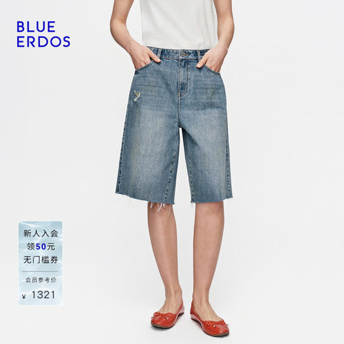【100%棉】BLUE ERDOS2026早秋新品都市通勤做旧毛边直筒牛仔短裤