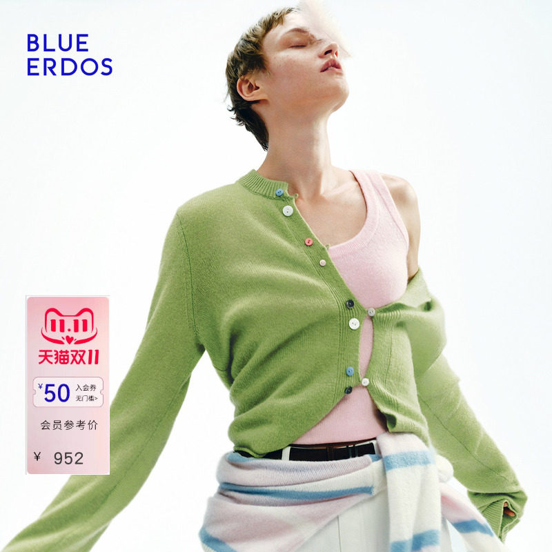BLUE ERDOS2026秋冬新品通勤轻盈感山羊绒混纺圆领彩扣针织开衫女