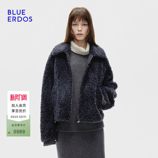 优雅静奢风纯色翻领短款 新品 羊羔毛外套女 ERDOS春季 BLUE