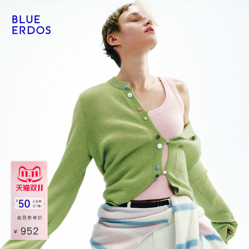 BLUE ERDOS2026秋冬新品通勤轻盈感山羊绒混纺圆领彩扣针织开衫女