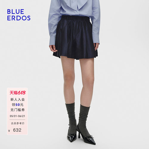 BLUE ERDOS 春季新品复古简约松紧腰藏青色显瘦女短裤B256M5003