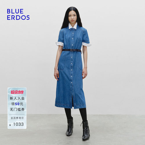 BLUE ERDOS 夏季新品时尚通勤翻领短袖牛仔连衣裙
