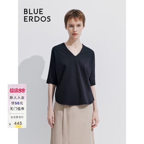 BLUE ERDOS 新款V领纯色宽松拼接五分袖T恤女上衣B245H1039