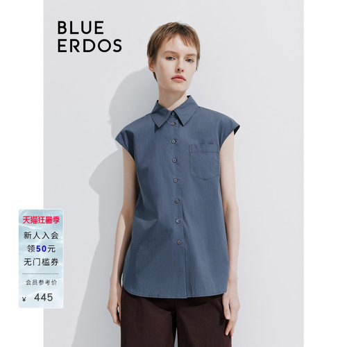 BLUE ERDOS 新款通勤纯色翻领无袖纯棉衬衫女上衣B245HB033