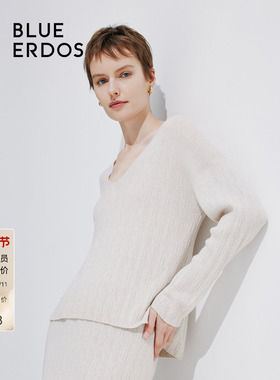 BLUE ERDOS冬季V领翻花女宽松精纺羊毛针织套衫B245D0066