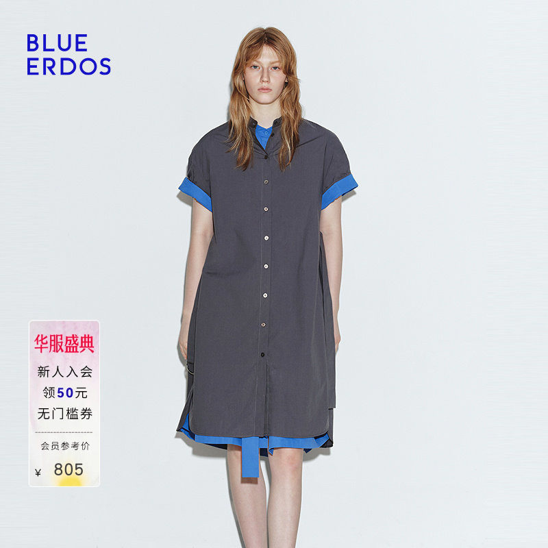 BLUE ERDOS 夏季简约通勤圆领短袖单排扣中长衬衫裙B245I3015图片
