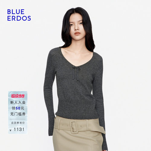 BLUE ERDOS2026秋冬新品温婉松弛山羊绒混纺喇叭袖V领长袖套衫女