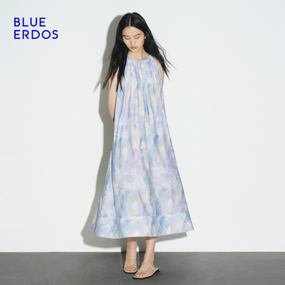【佳雪佳敏直播精选】BLUE ERDOS 春季气质度假蓝粉印花A字连衣裙
