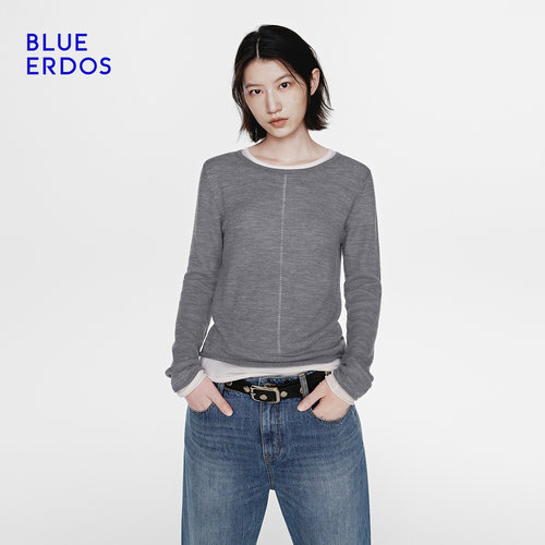 【100%绵羊毛】BLUE ERDOS2026秋季休闲百搭撞色圆领女针织衫