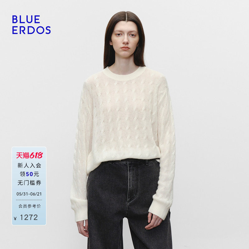 【空气羊绒】BLUE ERDOS春季新智性通勤100%山羊绒绞花针织衫
