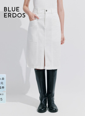 BLUE ERDOS 新款纯棉开叉中长款纯色直筒牛仔半裙B245M0015