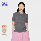 BLUE 女 针织衫 ERDOS26早春新品 休闲百搭羊毛羊绒撞色圆领半袖