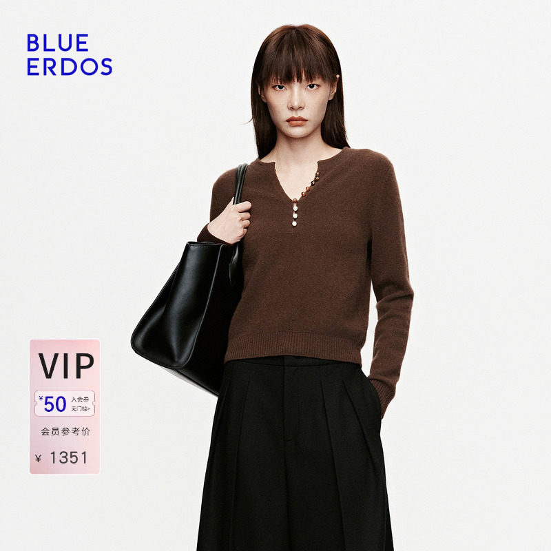 BLUE ERDOS2026秋冬新品长袖针织衫山羊绒混纺简约松弛V领上衣女