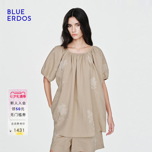 BLUE ERDOS2026夏季新品简约通勤一领两穿廓形刺绣圆领短袖上衣女