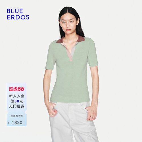 BLUE ERDOS26夏季新品都市通勤桑蚕丝混纺优雅撞色POLO领针织衫女