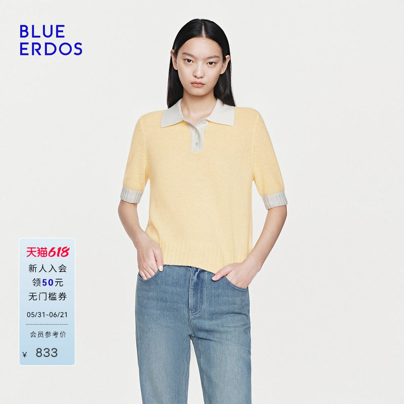 【100%山羊绒】BLUE ERDOS 2026夏季新品小翻领羊绒衫女半袖套衫