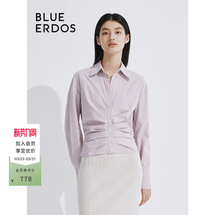 BLUE B245HB006 ERDOS气质打褶设计翻领纯棉色织女衬衫