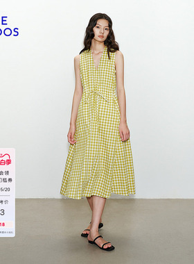 BLUE ERDOS2026夏季新品度假风黄色格纹气质V领无袖连衣裙女