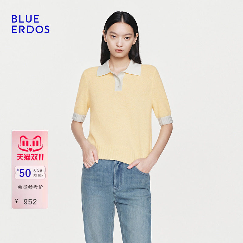 【100%山羊绒】BLUE ERDOS 2026夏季新品小翻领羊绒衫女半袖套衫