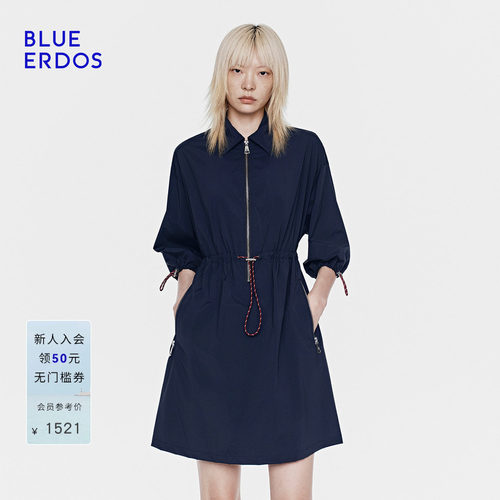 BLUE ERDOS26夏季新品休闲海军蓝Polo领抽绳收腰工装A字连衣裙女