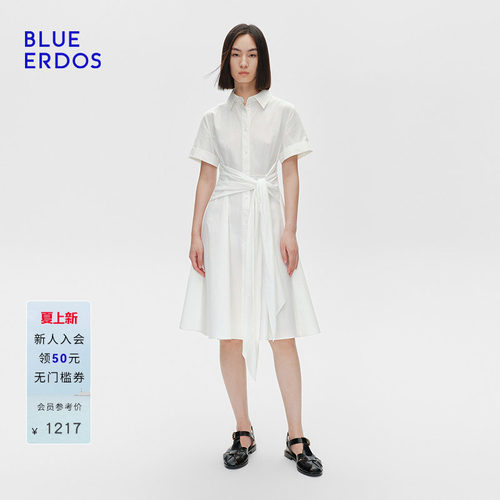 BLUE ERDOS夏季纯棉短袖POLO领飘带设计A字连衣裙B255I3012