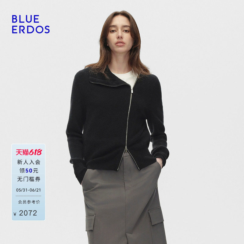 【100%山羊绒】BLUE ERDOS春季新品简约率性拉链罗纹翻领针织衫