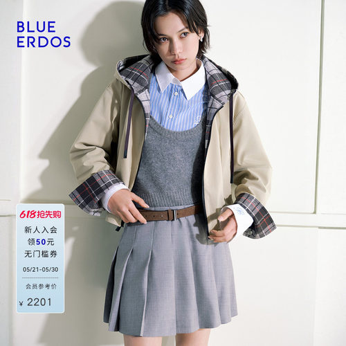 【100%棉】BLUE ERDOS26早春新品英伦风双面穿连帽拉链夹克外套女