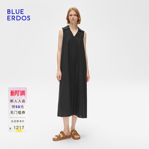 BLUE ERDOS夏季复古休闲镂空绣花A字V领连衣裙B255I4018